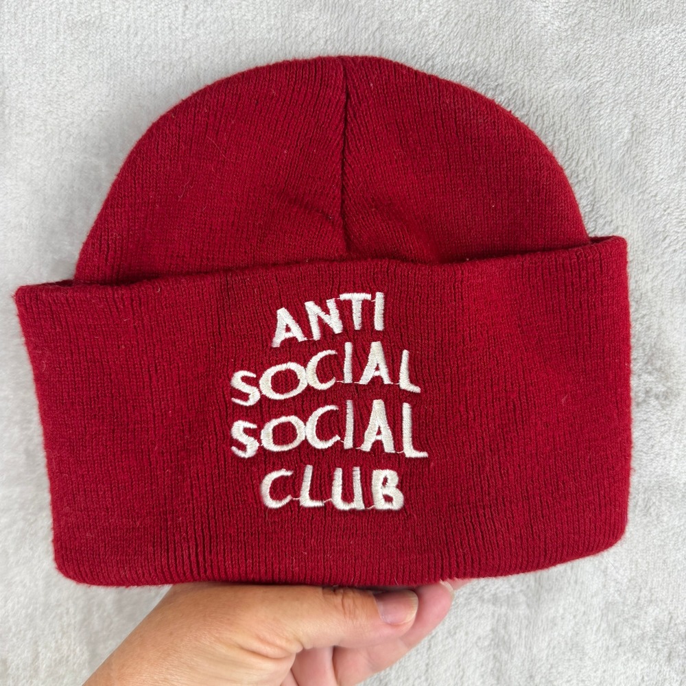 Anti Social Social Club Red Embroidered Logo Knit Cuffed Beanie Hat Streetwear